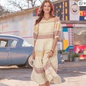 Sundance Cara Belle Midi Breezy Tiered Puff Sleeve Striped Dress Crochet Boho